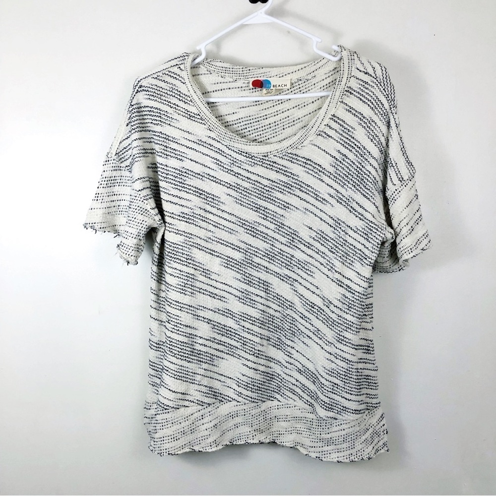 FP Beach X Free People Knit Short Sleeve Top Cream and Navy Blue Size XS